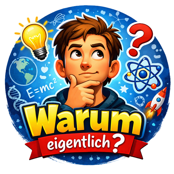 Logo von „Warum eigentlich?“: Max denkt nach, umgeben von Glühbirne, Atom und Fragezeichen