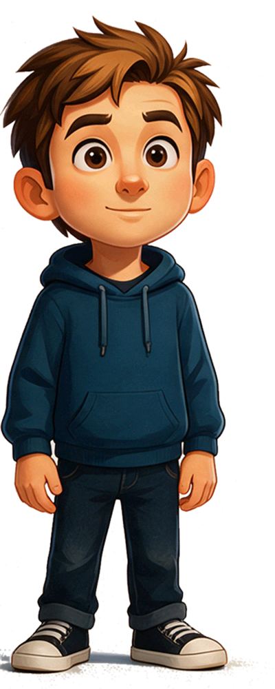 Max, der Junge aus dem Kanal-Logo: braune Haare, blauer Kapuzenpullover